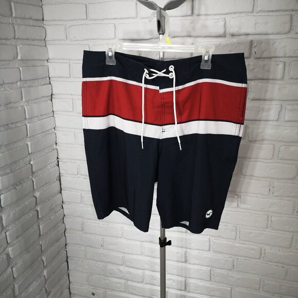 Hollister Men's Size 34 Red White & Navy Mesh Lined Swim Shorts - Picture 1 of 13